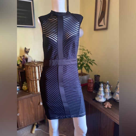 Ladies mod black sheer and solid stripe in case you forgot dress goth NYE club - Picture 4 of 5